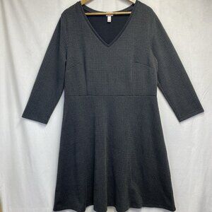 Merona V-Neck 3/4 Sleeve Houndstooth A-Line Knee Length Knit Dress Women XL Gray